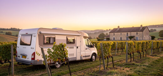 Camping-car stationné près d’un vignoble français au coucher du soleil, dans une ambiance paisible et chaleureuse.