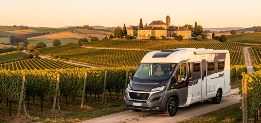 Camping-car stationné au bord de vignes françaises, avec un village viticole au loin baigné par la lumière dorée du coucher du soleil.