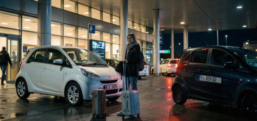 Une voyageuse avec une valise hésite entre une voiture de location et un véhicule de transfert devant un terminal d’aéroport éclairé la nuit.