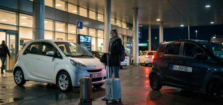 Une voyageuse avec une valise hésite entre une voiture de location et un véhicule de transfert devant un terminal d’aéroport éclairé la nuit.