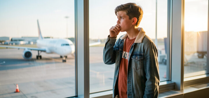 Un adolescent anxieux avec une petite valise respire calmement près d’une fenêtre d’aéroport en regardant un avion sur la piste.