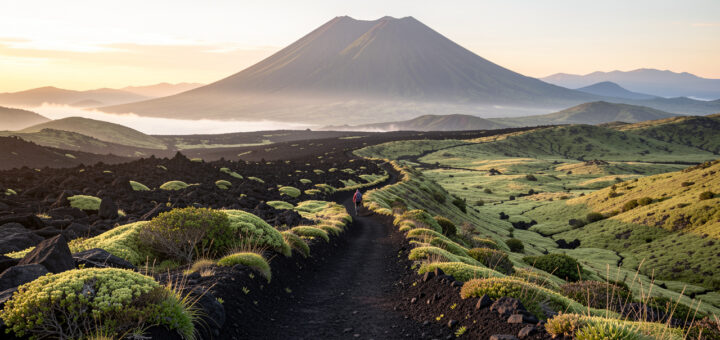 Sentier volcanique en pente douce traversant un paysage de lave noire et de mousse verte, avec un volcan paisible dans la brume matinale.