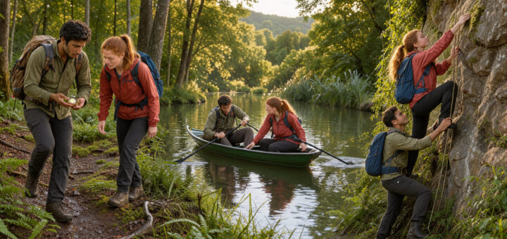 Un homme et une femme pratiquent plusieurs loisirs sportifs en plein air, entre orientation en forêt, aviron et escalade sur une paroi rocheuse.