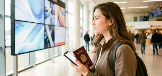 Une jeune voyageuse se tient dans un terminal d’aéroport lumineux avec un passeport fermé et un téléphone, devant un affichage de départ moderne aux formes lumineuses abstraites.