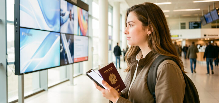 Une jeune voyageuse se tient dans un terminal d’aéroport lumineux avec un passeport fermé et un téléphone, devant un affichage de départ moderne aux formes lumineuses abstraites.